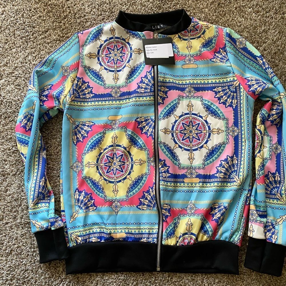 💼Light Wear Summer Bomber Jacket, Paisley Chain Print, Zip Front - Picture 13 of 13